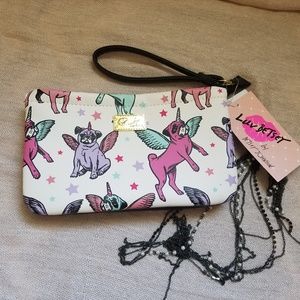 Betsey Johnson Double pouch wristlet pug unicorns